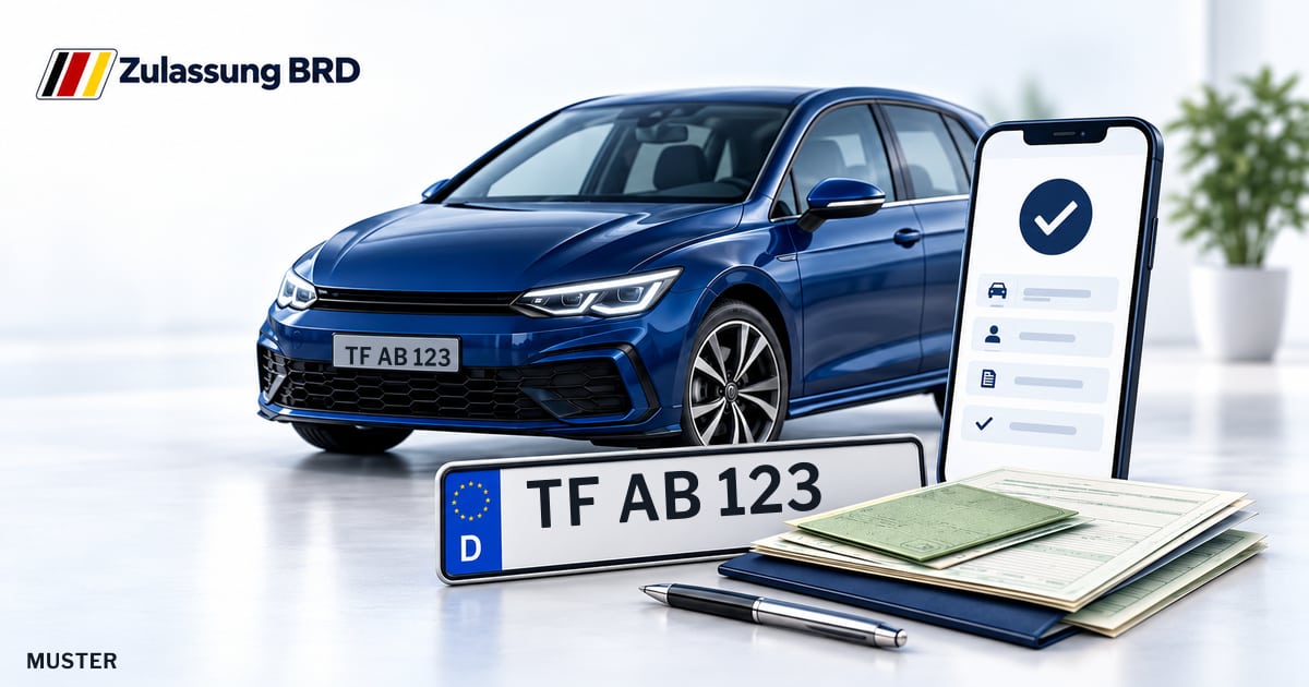 Online Fahrzeugzulassung in Luckenwalde: Musterkennzeichen TF AB 123, Auto und Fahrzeugpapiere und Smartphone. Illustration mit Logo von Zulassung BRD.